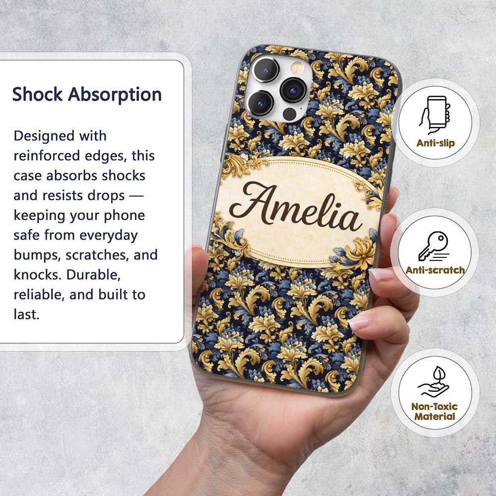 Blue Gold Baroque Floral Seamless Pattern Luxury Custom Name Protective Phone Case Mobile Cover Durable Everyday Smartphone Shock Resistant
