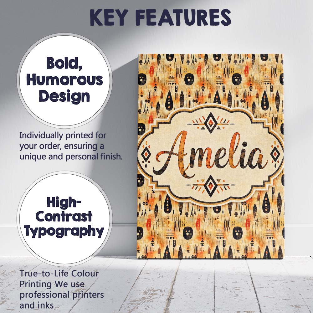 Personalised Name Earthy Tribal Ethnic Custom Modern Room Accent Elegant Feature Canvas Wall Art Print Decor Picture Ready to Hang