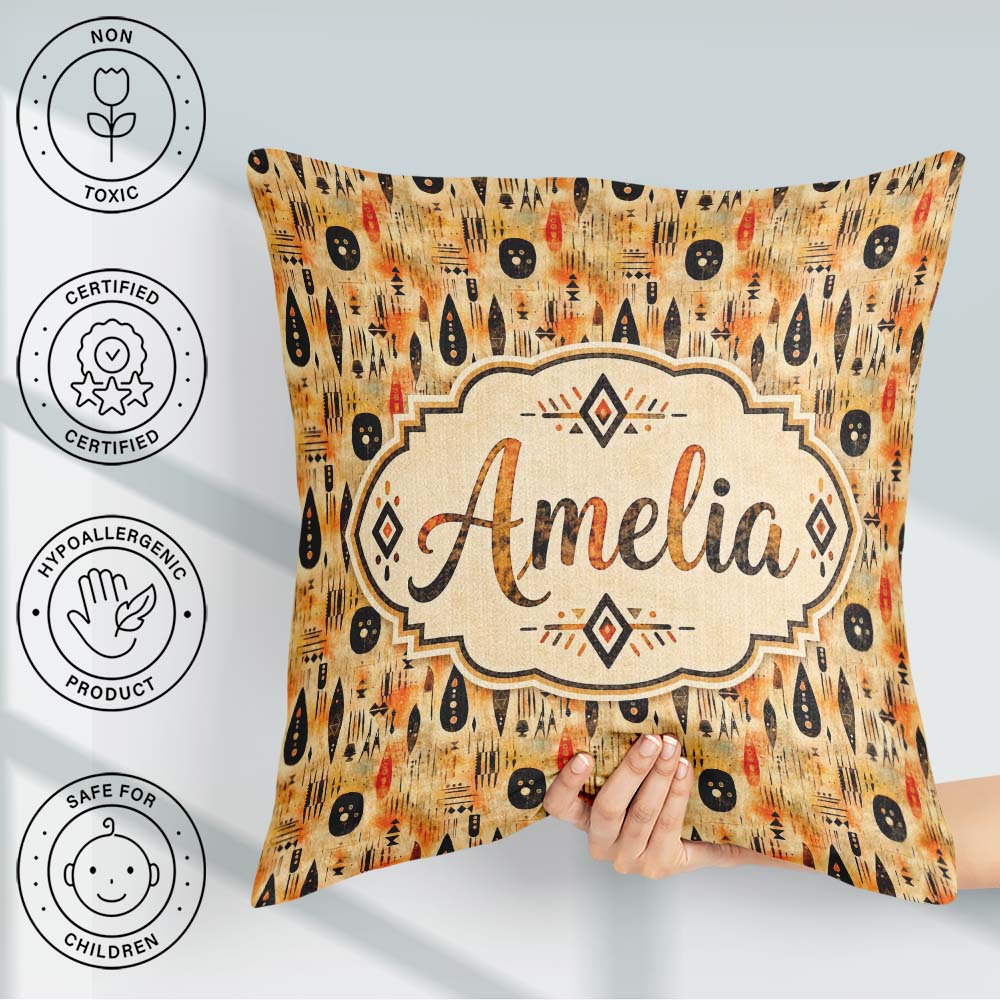 Custom Name Earthy Tribal Ethnic Abstract Symbols Pattern Design Square Filled Cushion Throw Pillow Sofa Bed Home Decor Zip Washable UK Made
