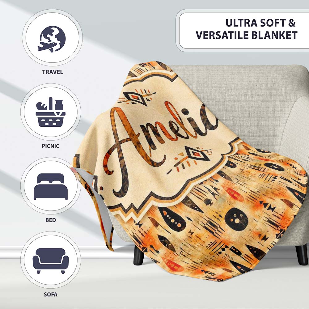 Earthy Tribal Ethnic Abstract Symbols Seamless Pattern Design Lovely Personalised Custom Name Super Soft Fleece Blanket Bed Sofa Throw