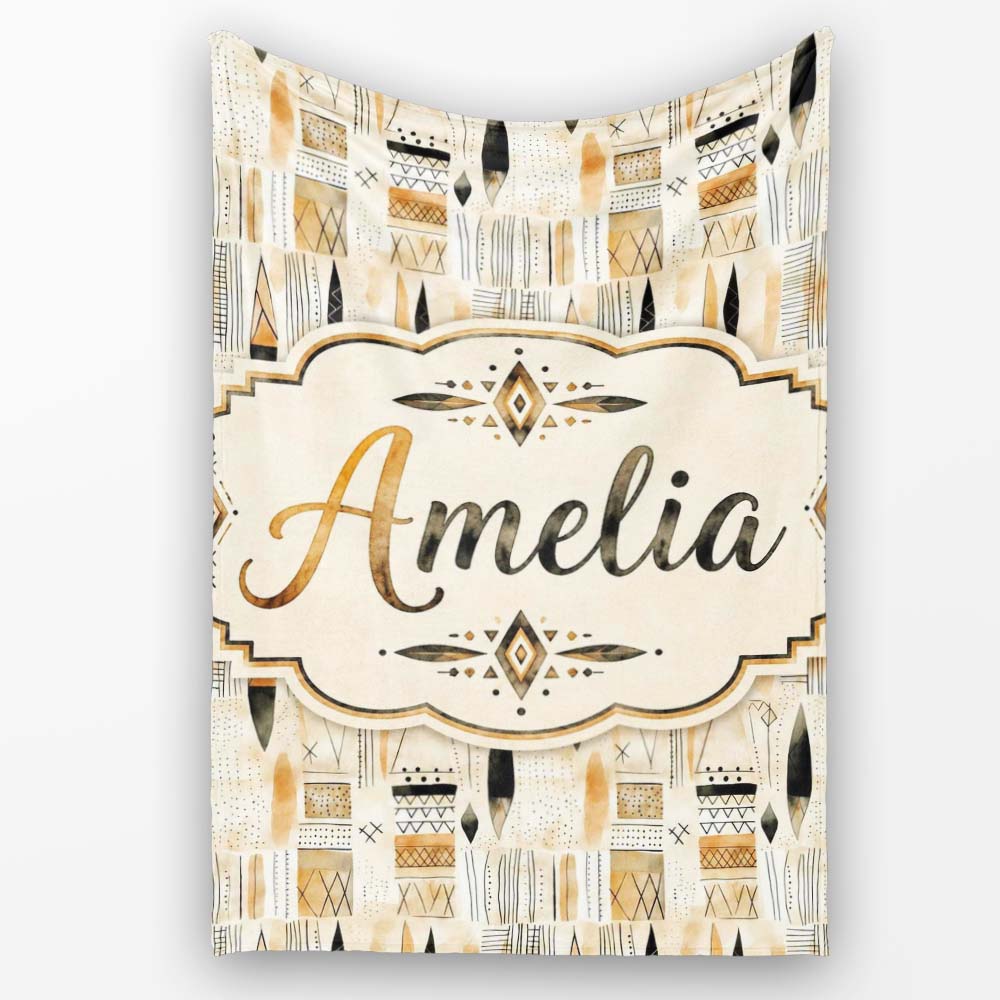 Neutral Tribal Geometric Shapes Earth Tone Watercolor Seamless Personalised Custom Name Super Soft Fleece Blanket Bed Sofa Throw
