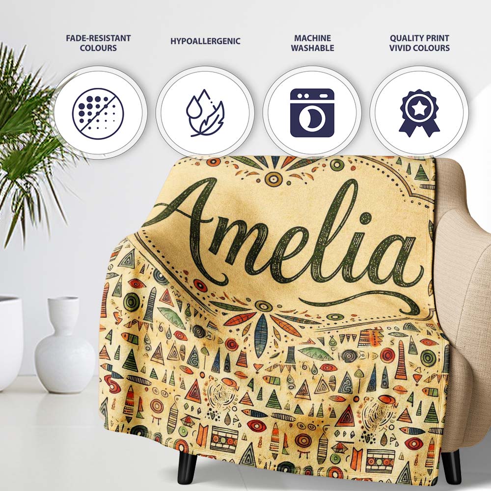Earthy Tribal Symbols Hand Drawn Ethnic Seamless Pattern Design Personalised Custom Name Super Soft Fleece Blanket Bed Sofa Throw