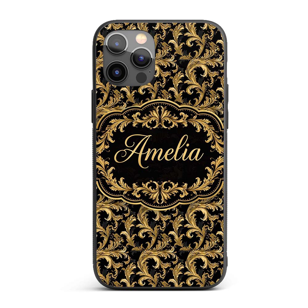 Gold Black Baroque Scroll Seamless Printed Design Custom Name Protective Phone Case Mobile Cover Durable Everyday Smartphone Shock Resistant