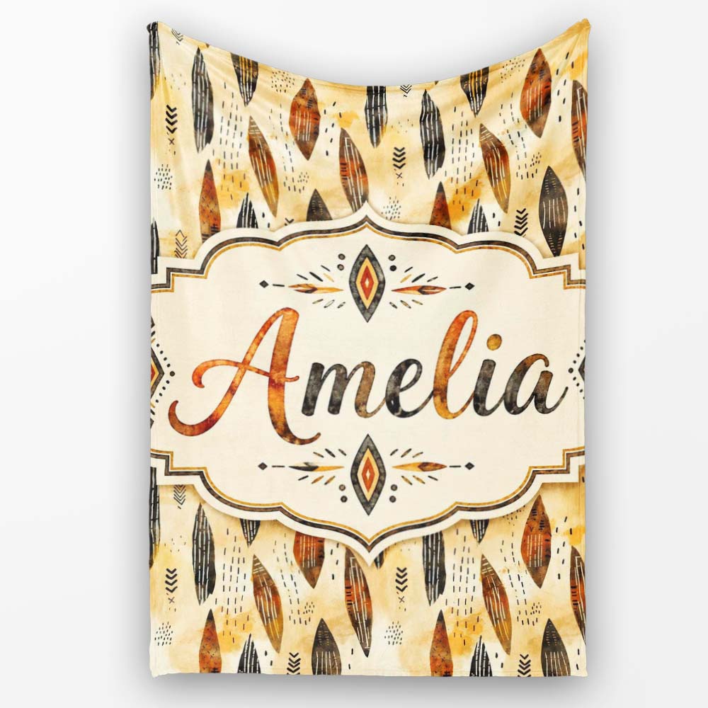 Rustic Feather Tribal Pattern Warm Brown Tones Seamless Pattern Personalised Custom Name Super Soft Fleece Blanket Bed Sofa Throw