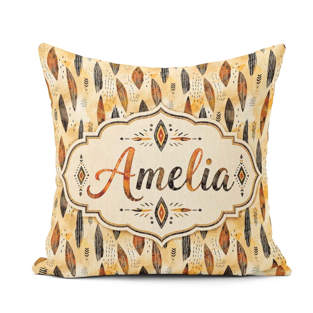 Custom Name Rustic Feather Tribal Pattern Brown Seamless Pattern Square Filled Cushion Throw Pillow Sofa Bed Home Decor Zip Washable UK Made