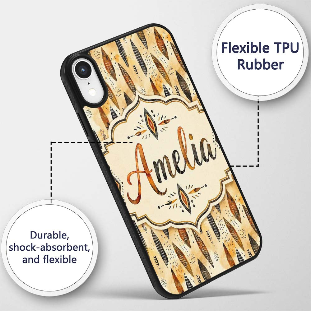 Rustic Feather Tribal Pattern Warm Brown Tones Custom Name Protective Phone Case Mobile Cover Durable Everyday Smartphone Shock Resistant