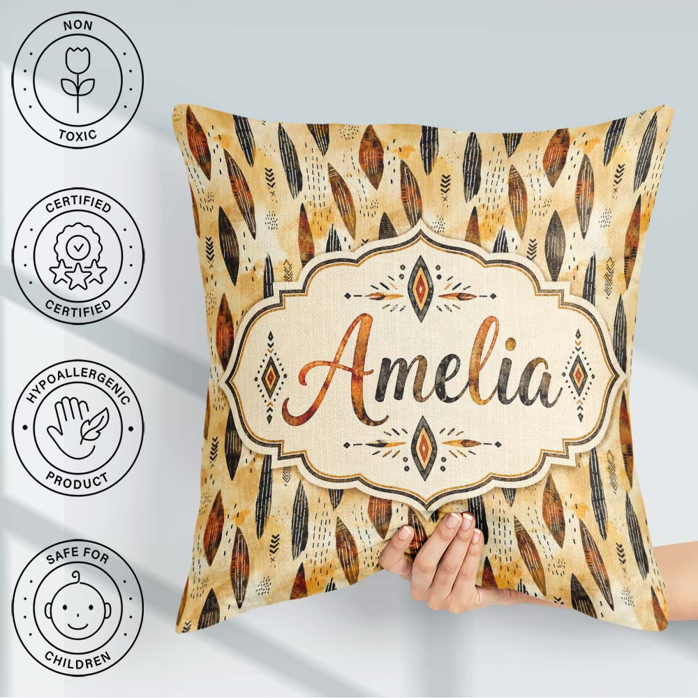 Custom Name Rustic Feather Tribal Pattern Brown Seamless Pattern Square Filled Cushion Throw Pillow Sofa Bed Home Decor Zip Washable UK Made