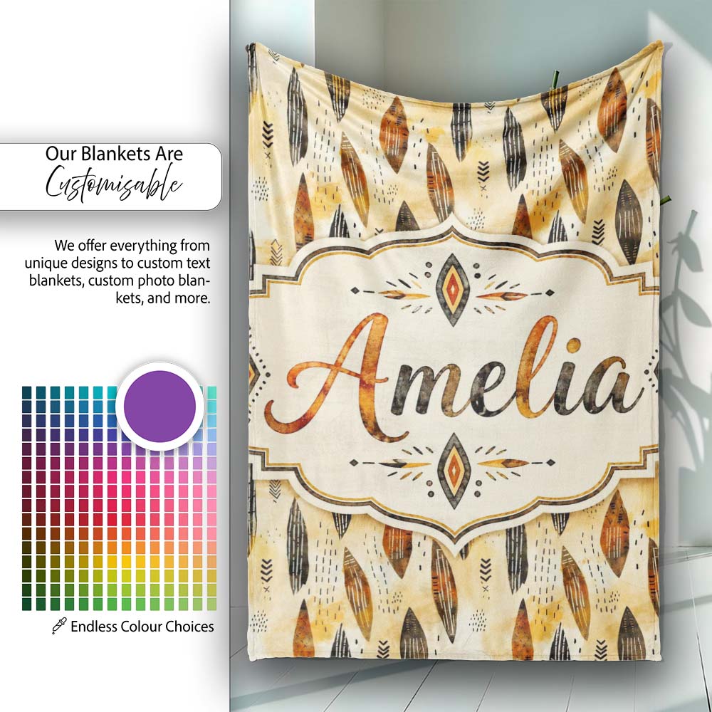 Rustic Feather Tribal Pattern Warm Brown Tones Seamless Pattern Personalised Custom Name Super Soft Fleece Blanket Bed Sofa Throw