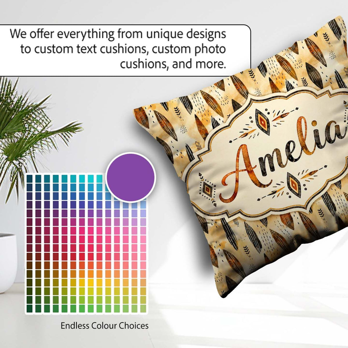 Custom Name Rustic Feather Tribal Pattern Brown Seamless Pattern Square Filled Cushion Throw Pillow Sofa Bed Home Decor Zip Washable UK Made