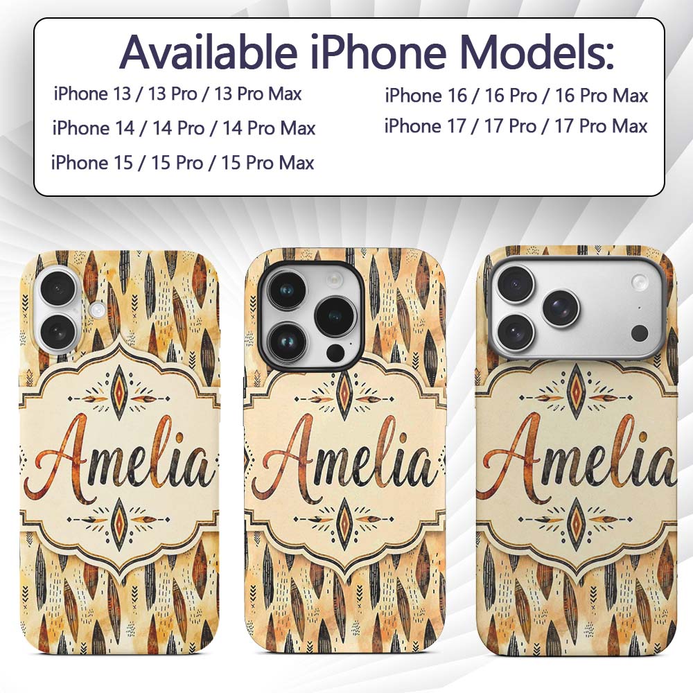 Rustic Feather Tribal Pattern Warm Brown Tones Custom Name Protective Phone Case Mobile Cover Durable Everyday Smartphone Shock Resistant