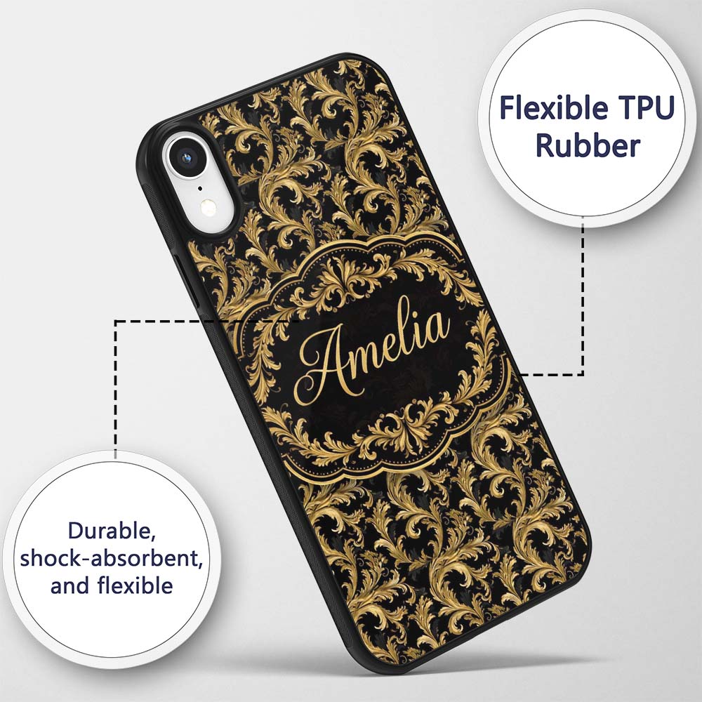 Gold Black Baroque Scroll Seamless Printed Design Custom Name Protective Phone Case Mobile Cover Durable Everyday Smartphone Shock Resistant