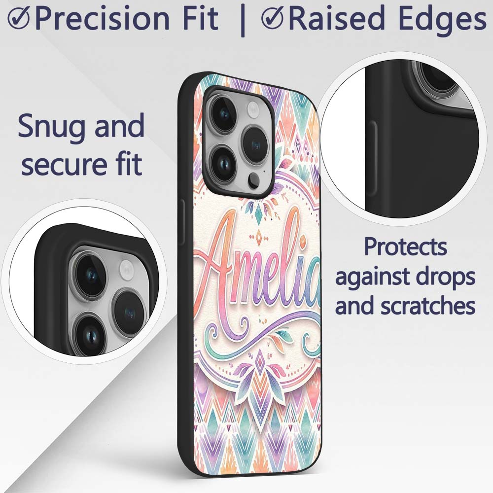 Pastel Geometric Art Deco Watercolor Seamless Custom Name Protective Phone Case Mobile Cover Durable Everyday Smartphone Shock Resistant