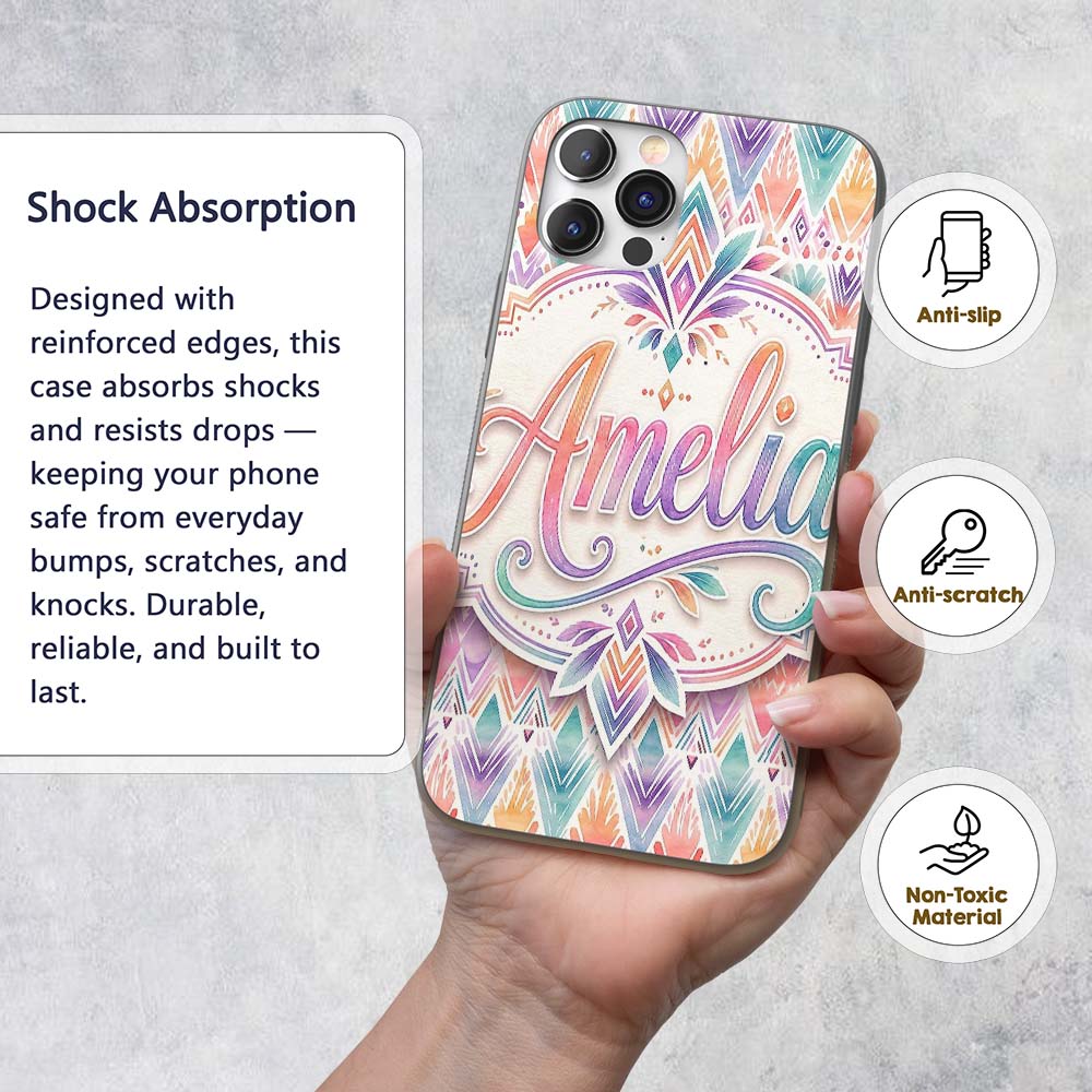 Pastel Geometric Art Deco Watercolor Seamless Custom Name Protective Phone Case Mobile Cover Durable Everyday Smartphone Shock Resistant