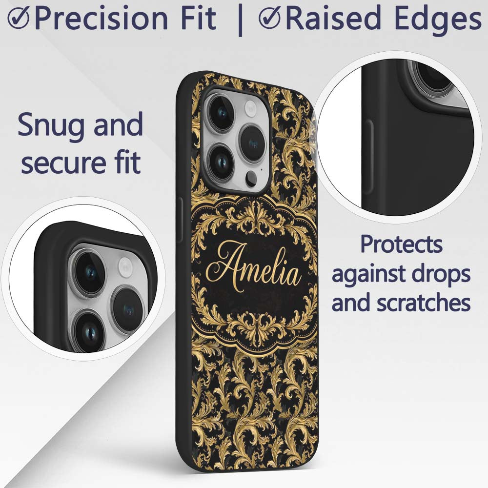 Gold Black Baroque Scroll Seamless Printed Design Custom Name Protective Phone Case Mobile Cover Durable Everyday Smartphone Shock Resistant