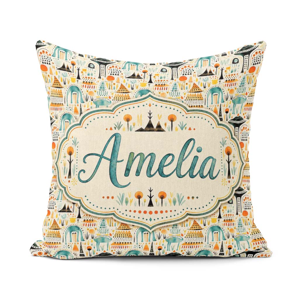 Custom Name Whimsical Tribal Village Houses Landscape Seamless Square Filled Cushion Throw Pillow Sofa Bed Home Decor Zip Washable UK Made