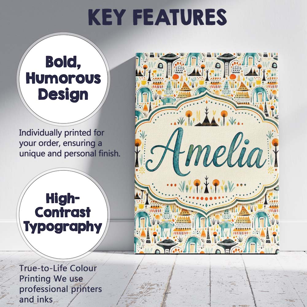 Personalised Name Whimsical Tribal Village Custom Unique Gift Idea Elegant Feature Canvas Wall Art Print Decor Picture Ready to Hang