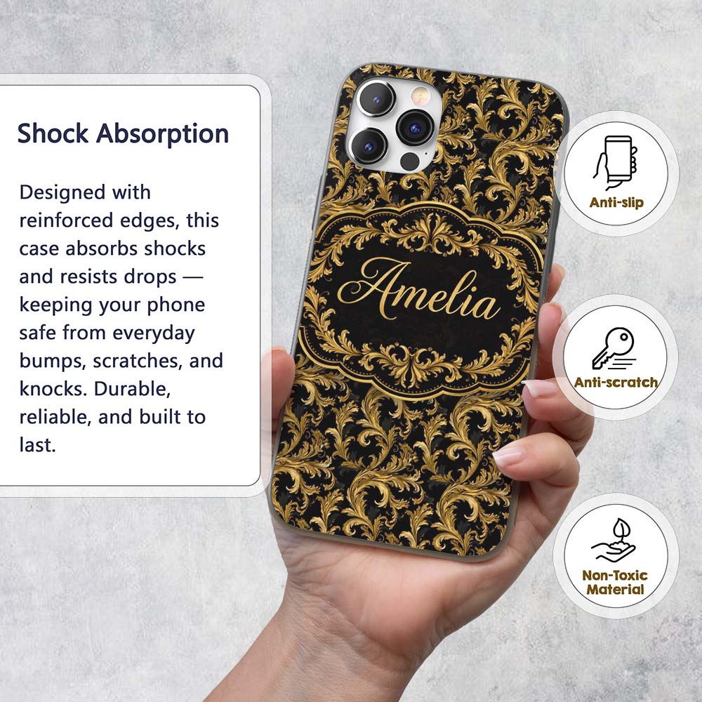 Gold Black Baroque Scroll Seamless Printed Design Custom Name Protective Phone Case Mobile Cover Durable Everyday Smartphone Shock Resistant