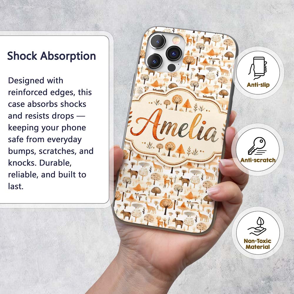 Neutral Woodland Forest Animals Trees Minimal Custom Name Protective Phone Case Mobile Cover Durable Everyday Smartphone Shock Resistant