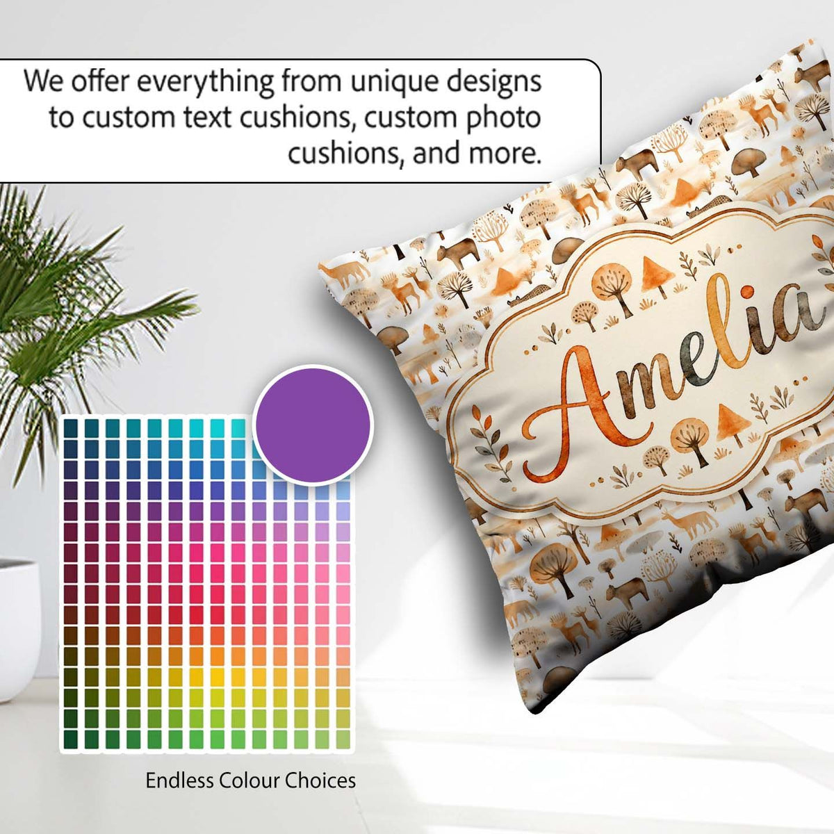 Custom Name Neutral Woodland Animals Minimal Seamless Pattern Square Filled Cushion Throw Pillow Sofa Bed Home Decor Zip Washable UK Made