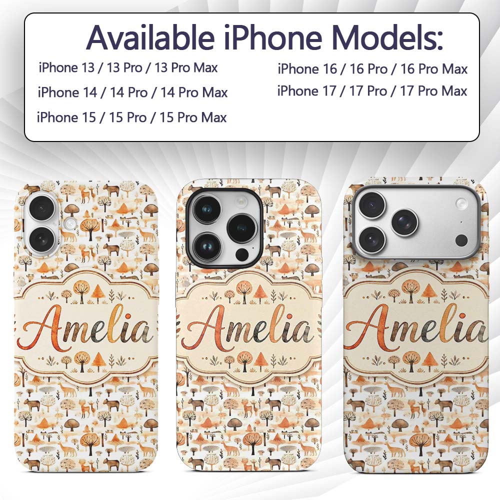 Neutral Woodland Forest Animals Trees Minimal Custom Name Protective Phone Case Mobile Cover Durable Everyday Smartphone Shock Resistant