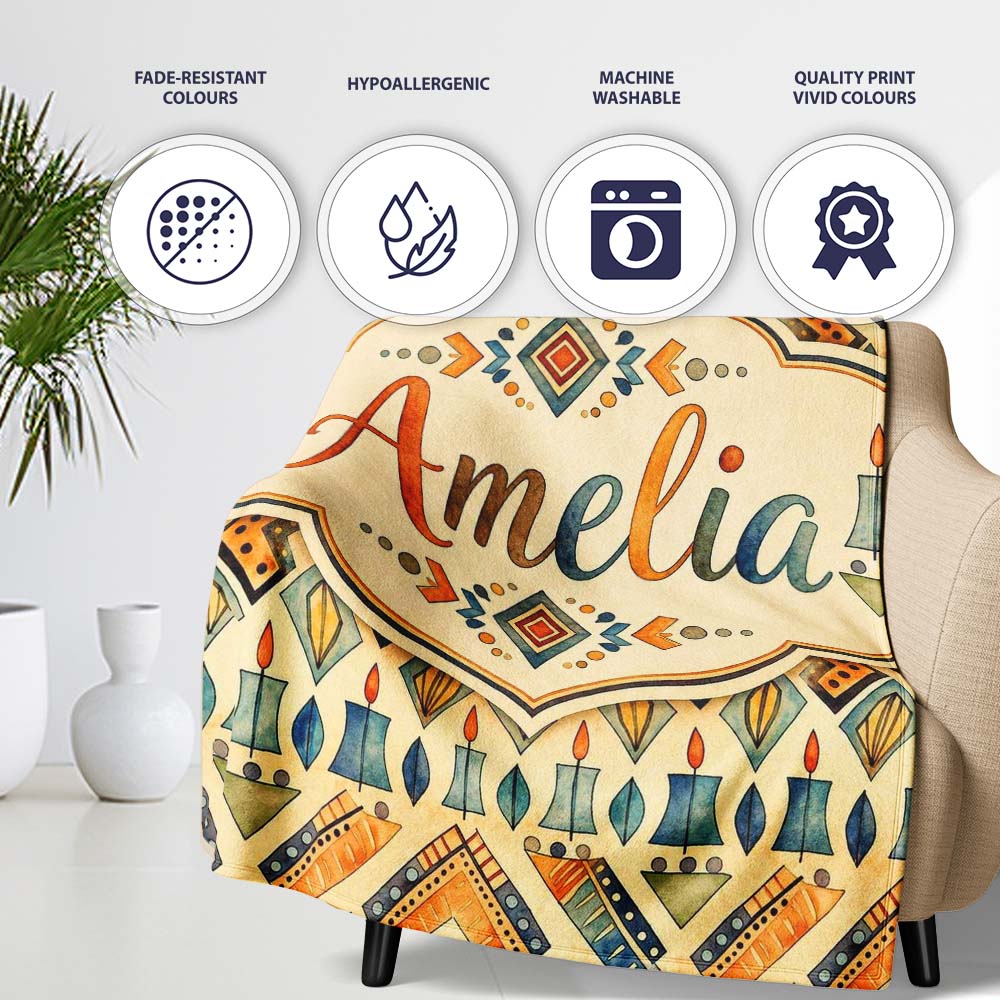 Geometric Tribal Candle Motif Ethnic Pattern Seamless Pattern Design Personalised Custom Name Super Soft Fleece Blanket Bed Sofa Throw