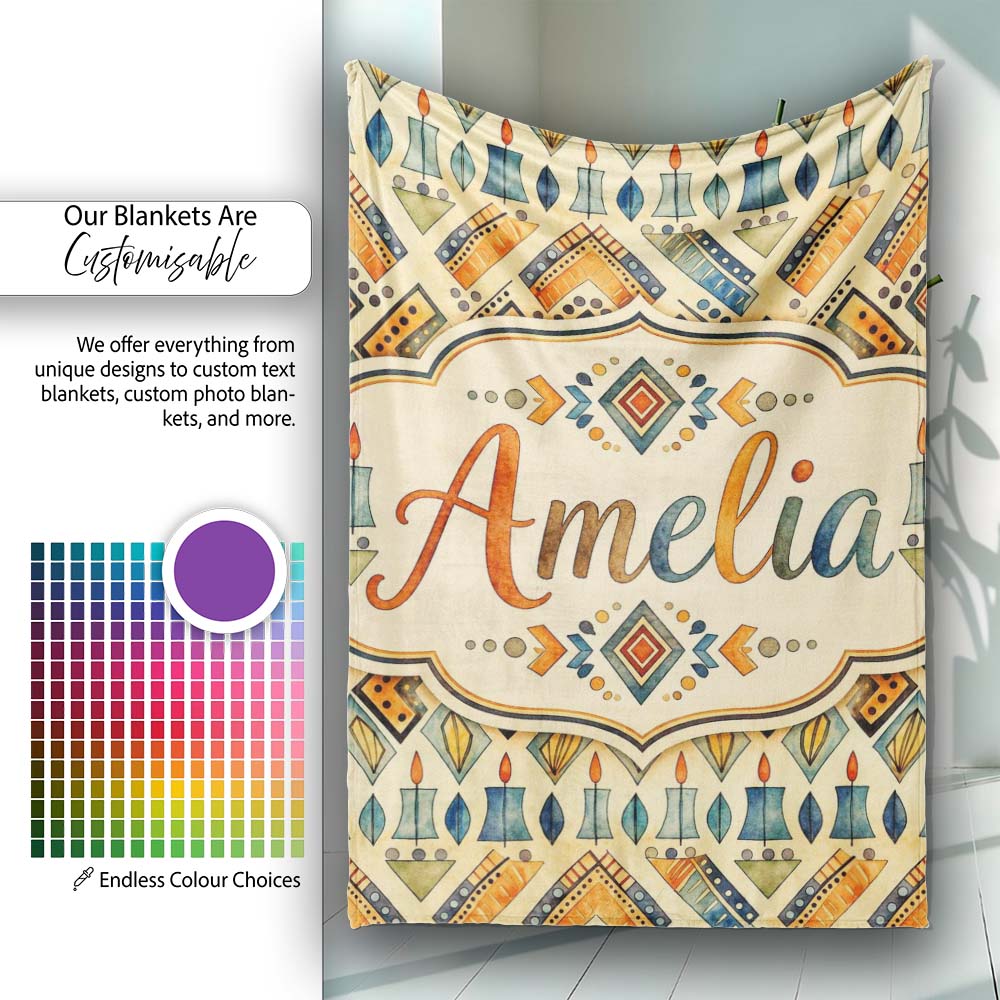 Geometric Tribal Candle Motif Ethnic Pattern Seamless Pattern Design Personalised Custom Name Super Soft Fleece Blanket Bed Sofa Throw