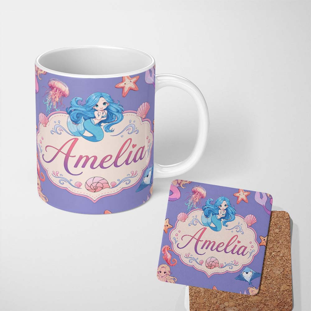 Personalized Custom Name Mermaid Ocean Friends Jellyfish Starfish Purple Background Lovely 11oz Ceramic Coffee Tea Mug White Large Handle