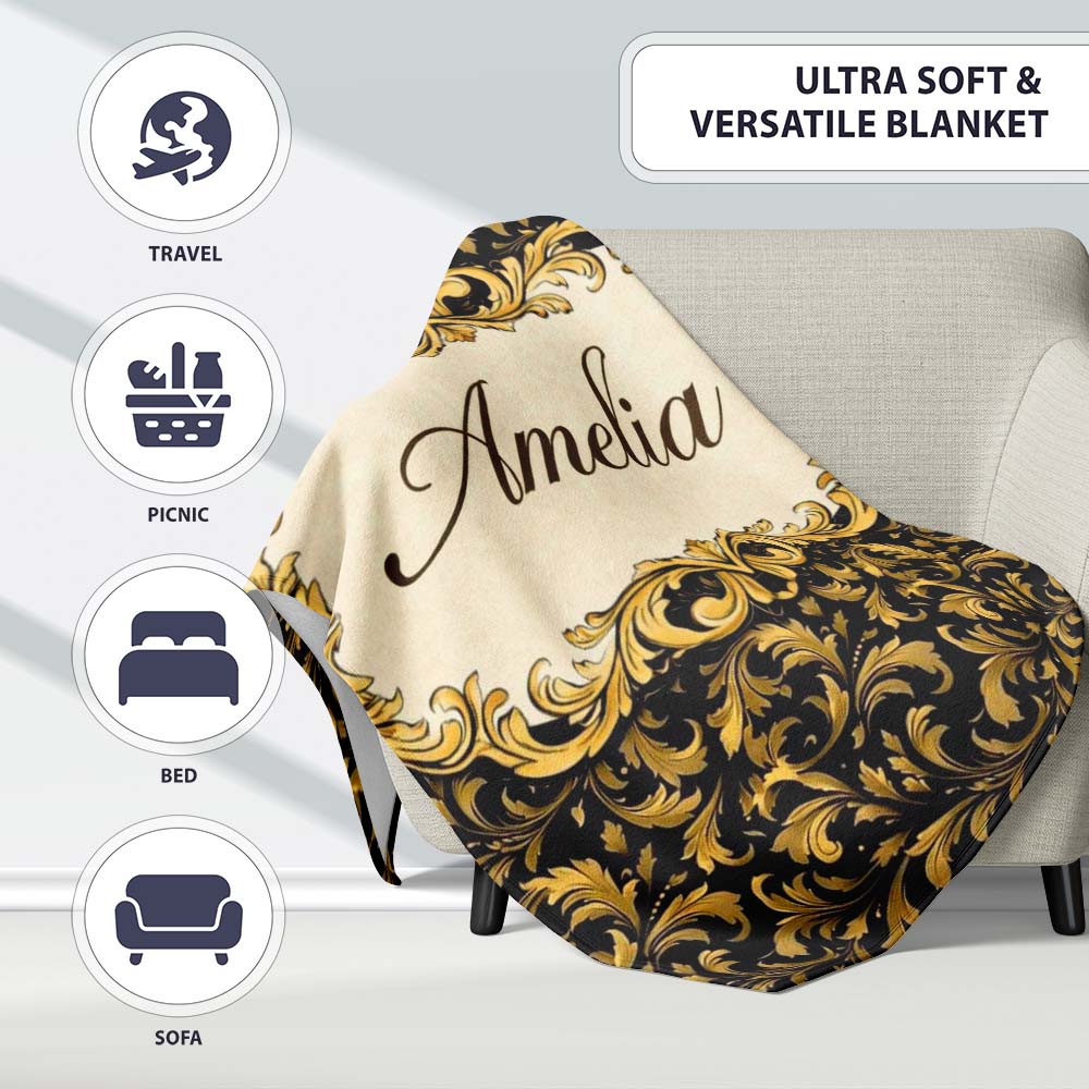 Golden Ornamental Baroque Seamless Classic Luxury Vintage Textile Personalised Custom Name Super Soft Fleece Blanket Bed Sofa Throw