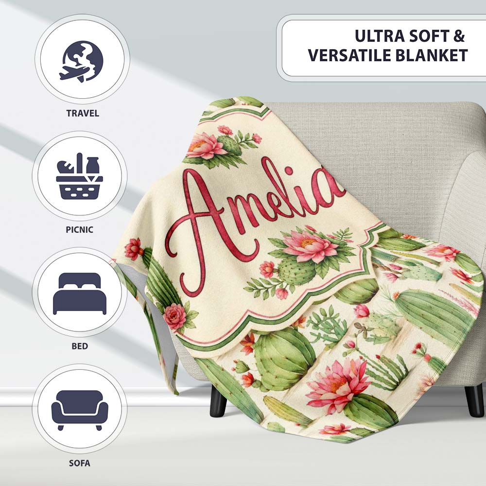 Watercolor Cactus Succulent Garden Soft Pastel Desert Seamless Personalised Custom Name Super Soft Fleece Blanket Bed Sofa Throw