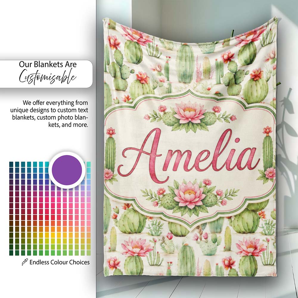 Watercolor Cactus Succulent Garden Soft Pastel Desert Seamless Personalised Custom Name Super Soft Fleece Blanket Bed Sofa Throw