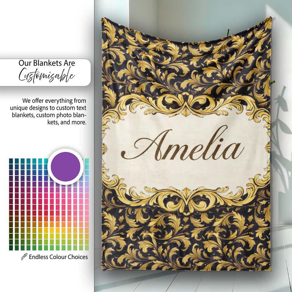Golden Ornamental Baroque Seamless Classic Luxury Vintage Textile Personalised Custom Name Super Soft Fleece Blanket Bed Sofa Throw