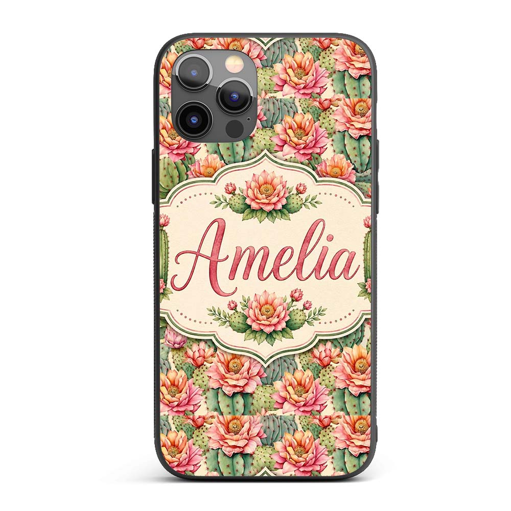 Soft Vintage Cactus Flower Garden Printed Design Custom Name Protective Phone Case Mobile Cover Durable Everyday Smartphone Shock Resistant