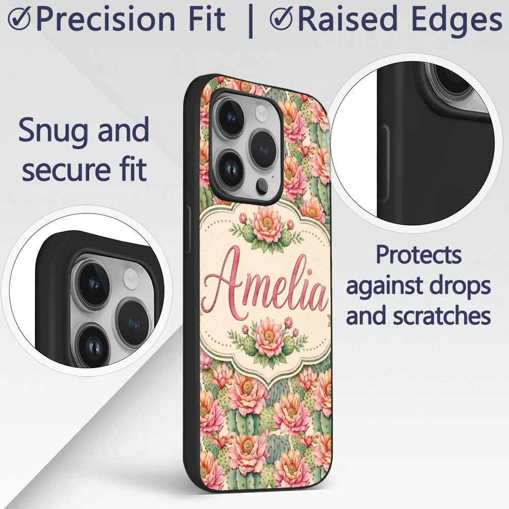 Soft Vintage Cactus Flower Garden Printed Design Custom Name Protective Phone Case Mobile Cover Durable Everyday Smartphone Shock Resistant