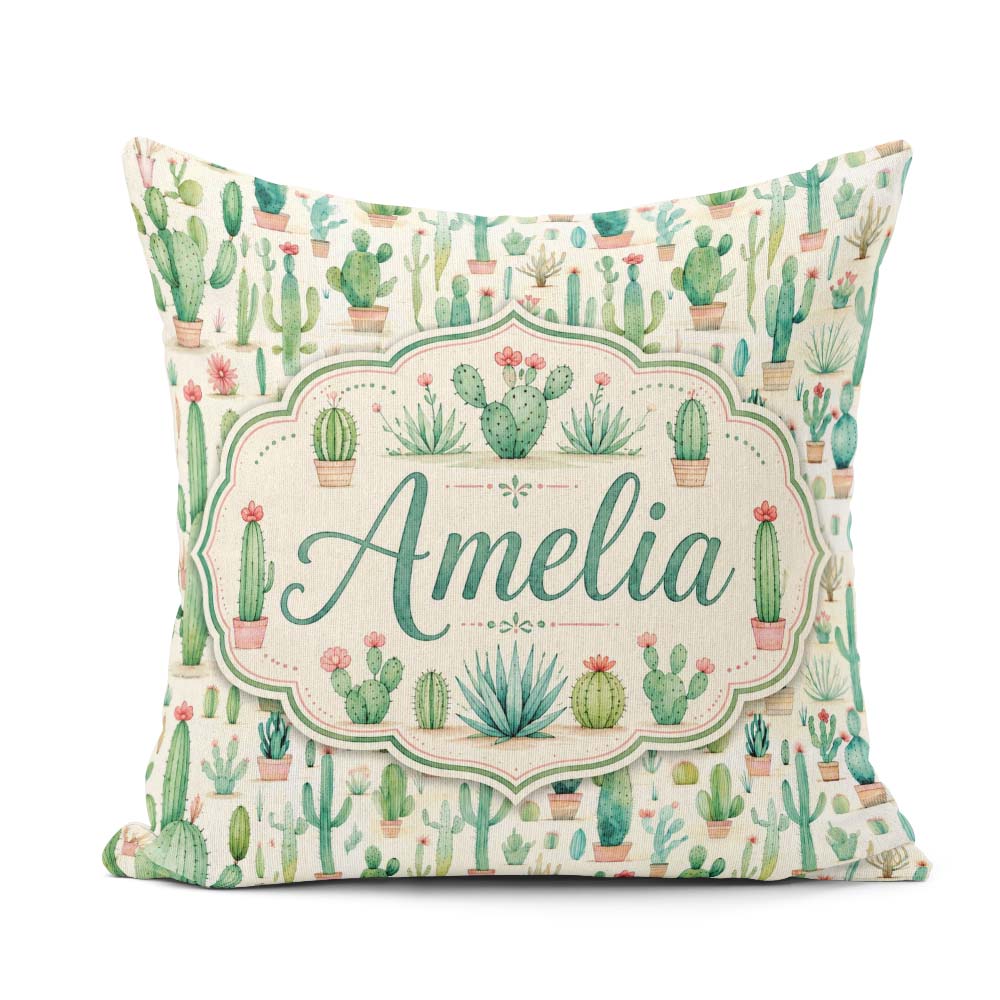 Custom Name Cute Potted Cactus Succulent Pastel Seamless Pattern Square Filled Cushion Throw Pillow Sofa Bed Home Decor Zip Washable UK Made