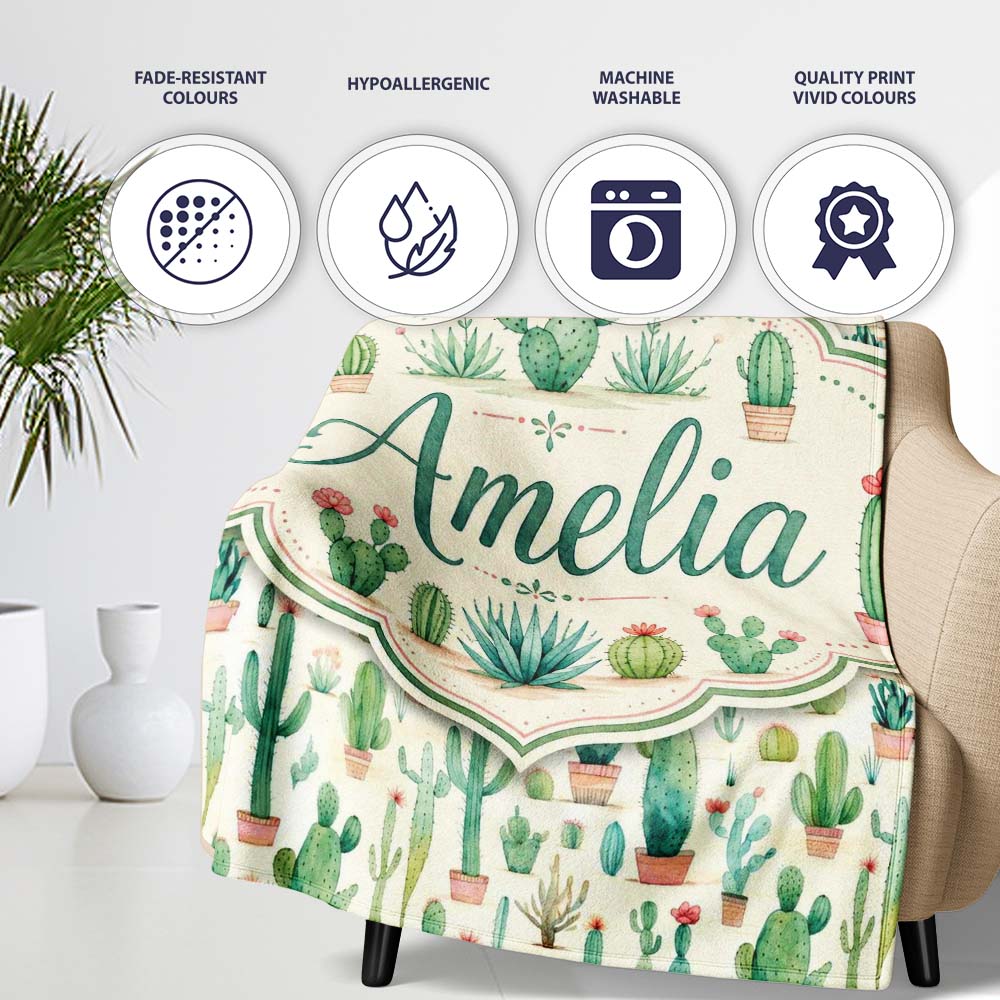 Cute Potted Cactus Succulent Collection Pastel Seamless Pattern Personalised Custom Name Super Soft Fleece Blanket Bed Sofa Throw