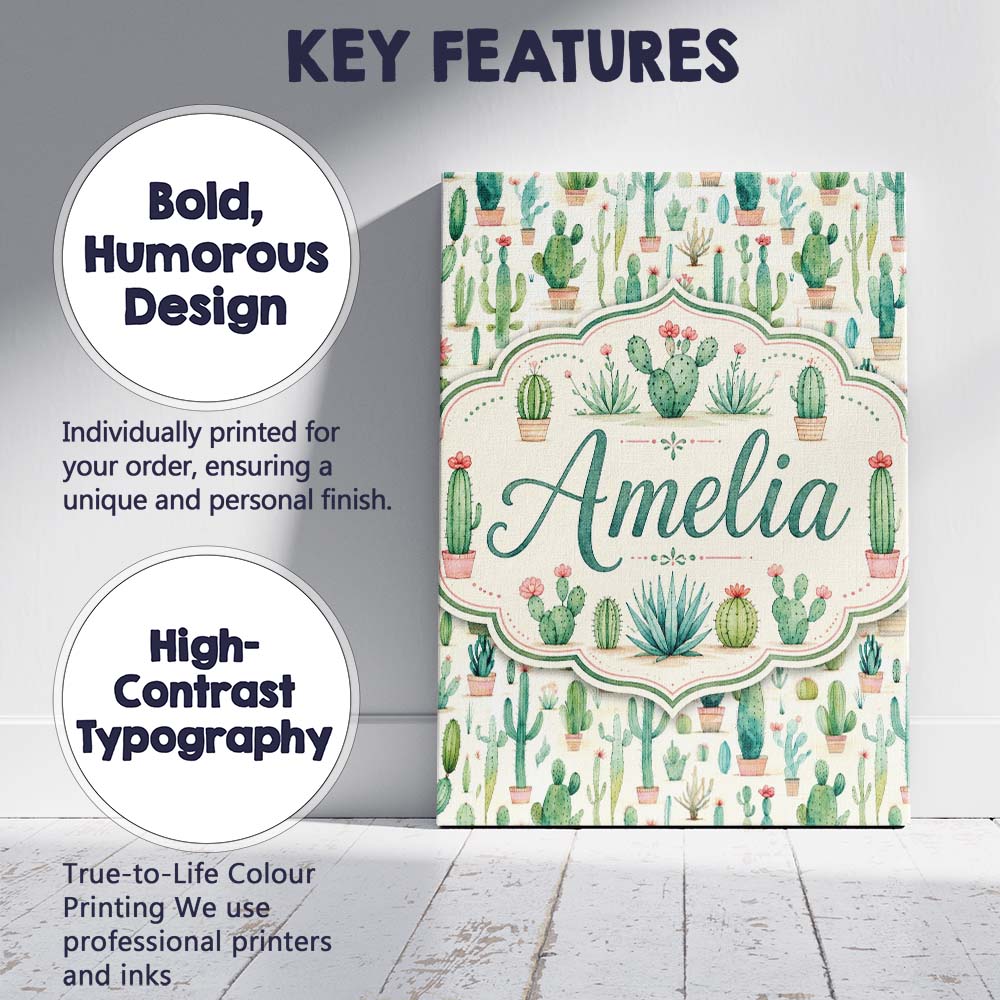 Personalised Name Cute Potted Cactus Custom Premium Decorative Design Modern Room Accent Canvas Wall Art Print Decor Picture Ready to Hang