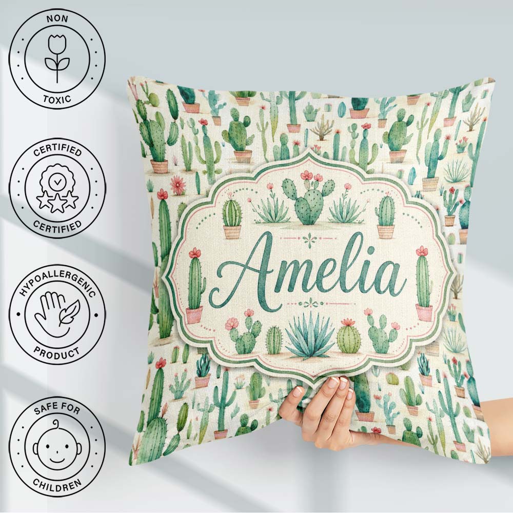 Custom Name Cute Potted Cactus Succulent Pastel Seamless Pattern Square Filled Cushion Throw Pillow Sofa Bed Home Decor Zip Washable UK Made
