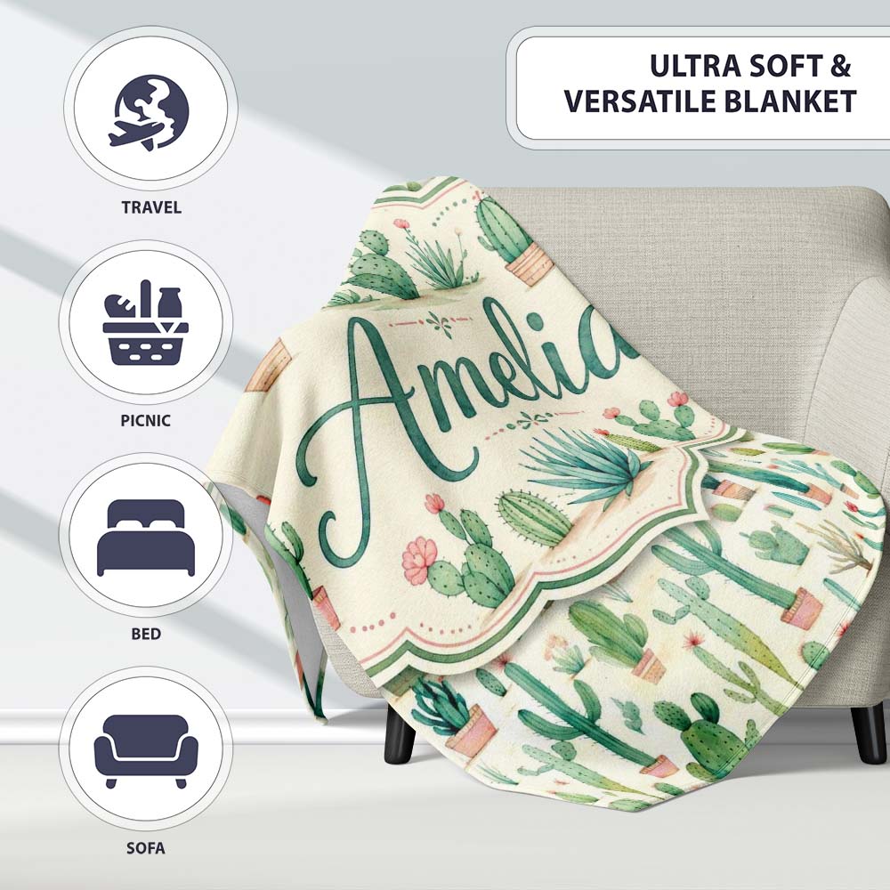 Cute Potted Cactus Succulent Collection Pastel Seamless Pattern Personalised Custom Name Super Soft Fleece Blanket Bed Sofa Throw
