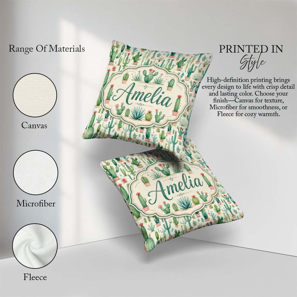 Custom Name Cute Potted Cactus Succulent Pastel Seamless Pattern Square Filled Cushion Throw Pillow Sofa Bed Home Decor Zip Washable UK Made