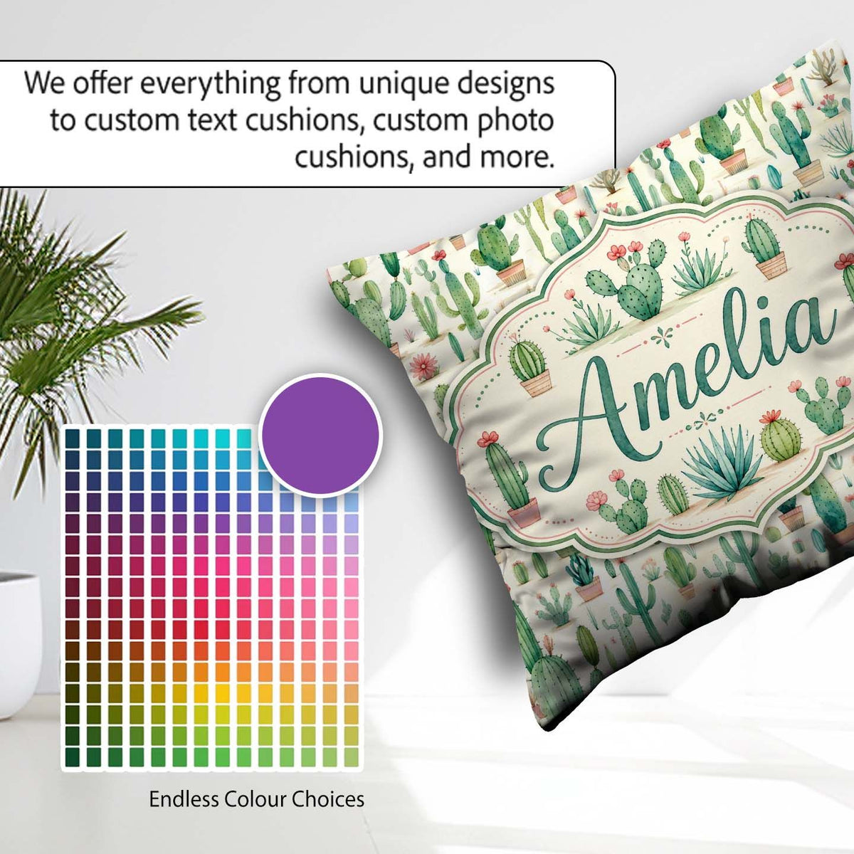Custom Name Cute Potted Cactus Succulent Pastel Seamless Pattern Square Filled Cushion Throw Pillow Sofa Bed Home Decor Zip Washable UK Made