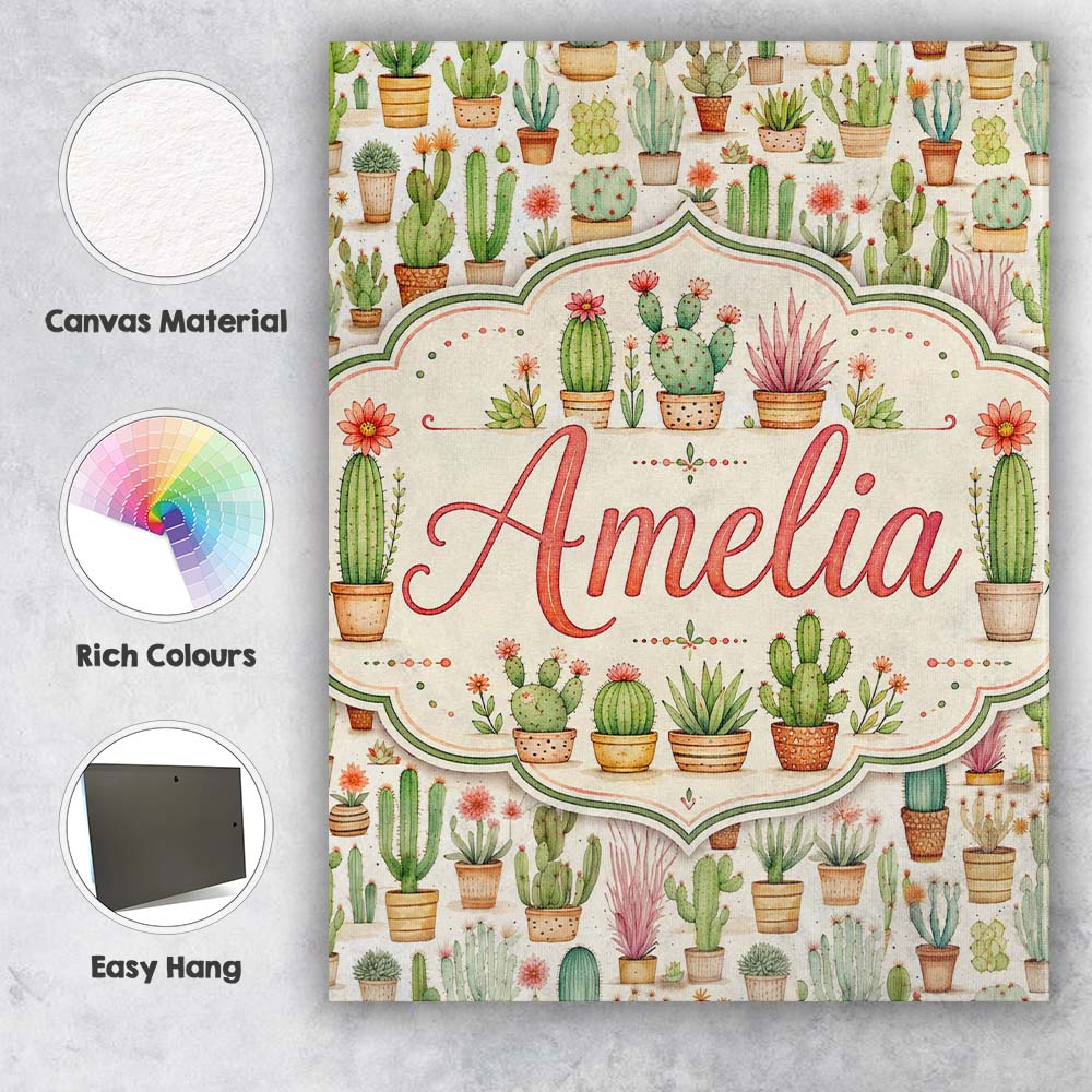 Personalised Name Hand Drawn Potted Succulents Cactus Garden Bespoke Custom Made Canvas Wall Art Print Decor Picture Ready to Hang