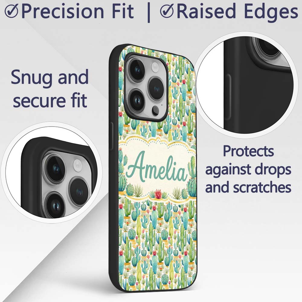Colorful Desert Cactus Garden Printed Design Custom Name Protective Phone Case Mobile Cover Durable Everyday Smartphone Shock Resistant
