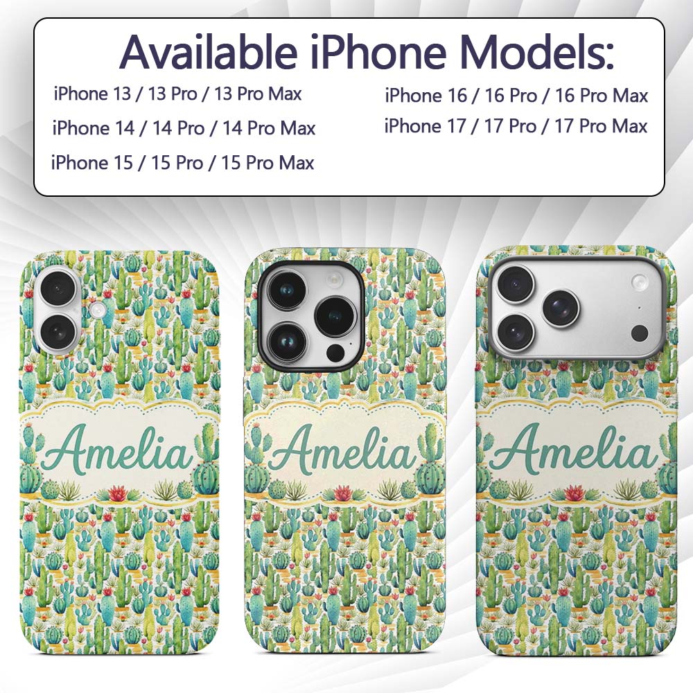 Colorful Desert Cactus Garden Printed Design Custom Name Protective Phone Case Mobile Cover Durable Everyday Smartphone Shock Resistant