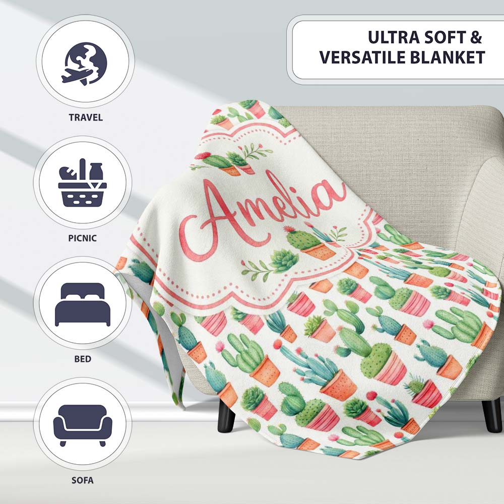 Potted Cactus Succulent Collection Pastel Botanical Seamless Pattern Personalised Custom Name Super Soft Fleece Blanket Bed Sofa Throw