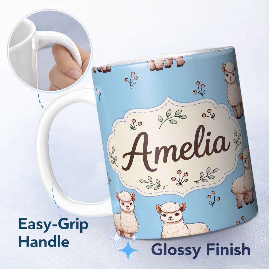 Personalized Custom Name Cute Alpaca Llama Farm Animals Floral Seamless Pattern Sky Blue 11oz Ceramic Coffee Tea Mug White Large Handle