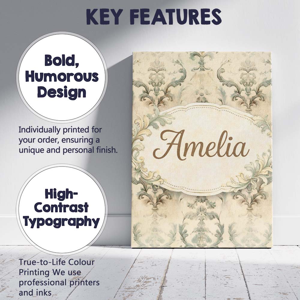 Personalised Name Antique Beige Floral Damask Seamless Pattern Custom Modern Room Accent Canvas Wall Art Print Decor Picture Ready to Hang