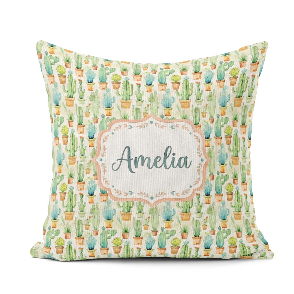 Custom Name Soft Potted Cactus Succulent Garden Seamless Pattern Square Filled Cushion Throw Pillow Sofa Bed Home Decor Zip Washable UK Made