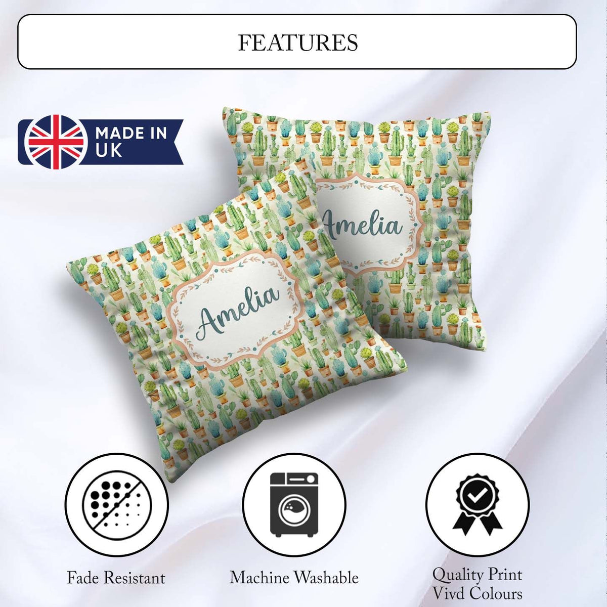 Custom Name Soft Potted Cactus Succulent Garden Seamless Pattern Square Filled Cushion Throw Pillow Sofa Bed Home Decor Zip Washable UK Made