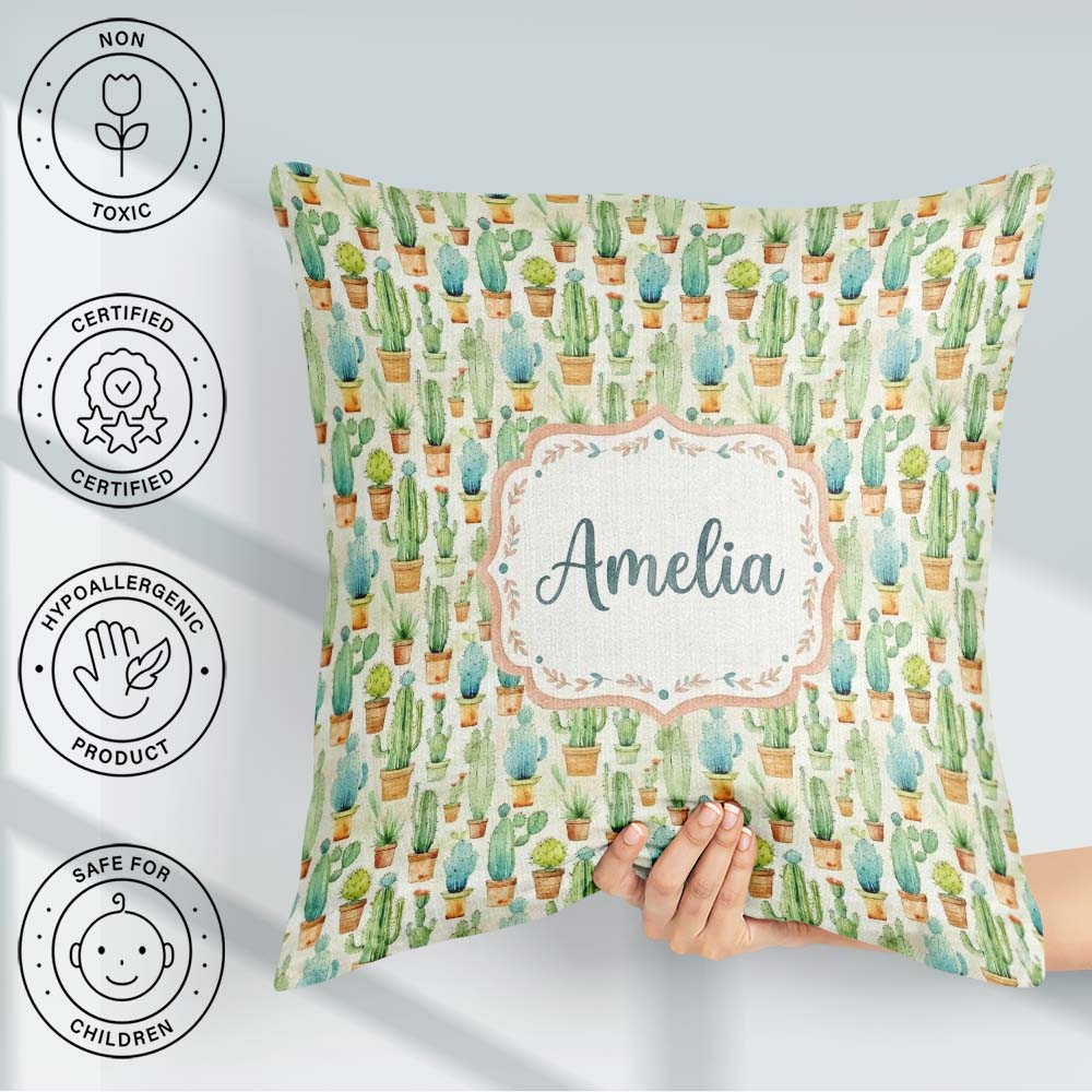 Custom Name Soft Potted Cactus Succulent Garden Seamless Pattern Square Filled Cushion Throw Pillow Sofa Bed Home Decor Zip Washable UK Made