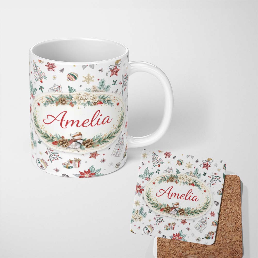 Personalized Custom Name Christmas Icons Pattern Snowflakes Gifts Baubles Seamless Design 11oz Ceramic Coffee Tea Mug White Large Handle
